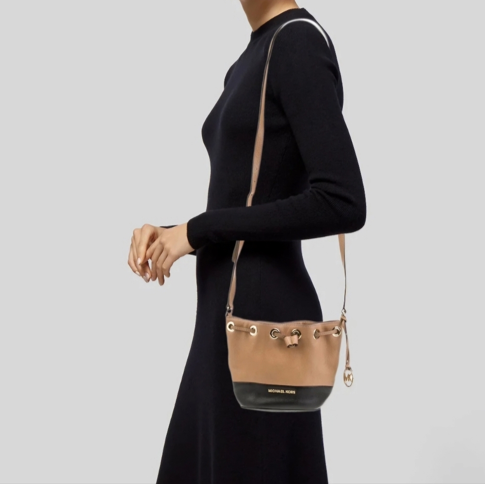 Michael Kors Mini Camel/Black Jules Drawstring Leather Purse.